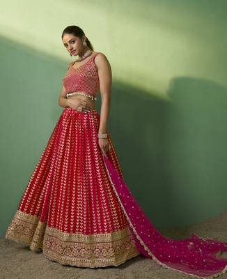 RED SEQUINS EMBROIDERED GEORGETTE DESIGNER BRIDAL WEDDING & PARTY WEAR FESTIVAL SEMI STITCHED LEHENGA 3