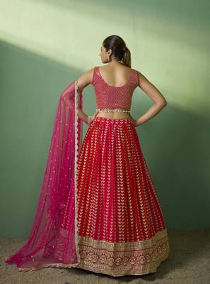 RED SEQUINS EMBROIDERED GEORGETTE DESIGNER BRIDAL WEDDING & PARTY WEAR FESTIVAL SEMI STITCHED LEHENGA 4
