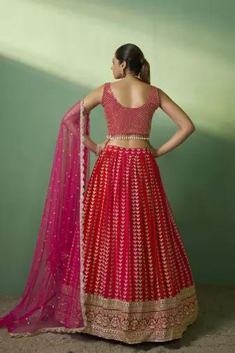 RED SEQUINS EMBROIDERED GEORGETTE DESIGNER BRIDAL WEDDING & PARTY WEAR FESTIVAL SEMI STITCHED LEHENGA