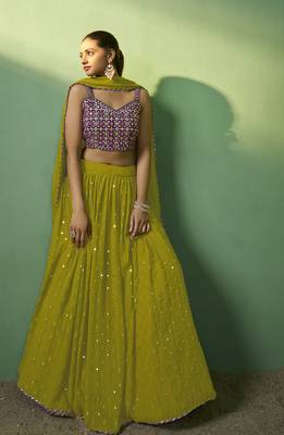 GREEN SEQUINS EMBROIDERED GEORGETTE DESIGNER BRIDAL WEDDING & PARTY WEAR FESTIVAL SEMI STITCHED LEHENGA 2