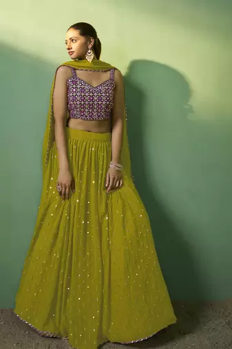 GREEN SEQUINS EMBROIDERED GEORGETTE DESIGNER BRIDAL WEDDING & PARTY WEAR FESTIVAL SEMI STITCHED LEHENGA