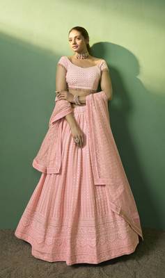 PEACH SEQUINS EMBROIDERED GEORGETTE DESIGNER BRIDAL WEDDING & PARTY WEAR FESTIVAL SEMI STITCHED LEHENGA 1