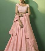PEACH SEQUINS EMBROIDERED GEORGETTE DESIGNER BRIDAL WEDDING & PARTY WEAR FESTIVAL SEMI STITCHED LEHENGA