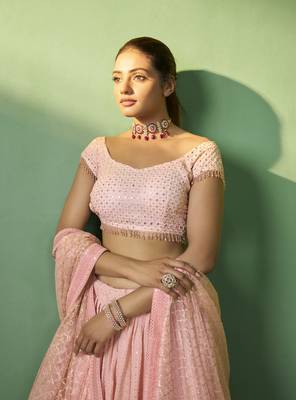PEACH SEQUINS EMBROIDERED GEORGETTE DESIGNER BRIDAL WEDDING & PARTY WEAR FESTIVAL SEMI STITCHED LEHENGA 2