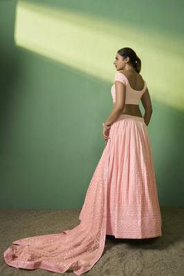 PEACH SEQUINS EMBROIDERED GEORGETTE DESIGNER BRIDAL WEDDING & PARTY WEAR FESTIVAL SEMI STITCHED LEHENGA 3