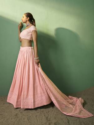 PEACH SEQUINS EMBROIDERED GEORGETTE DESIGNER BRIDAL WEDDING & PARTY WEAR FESTIVAL SEMI STITCHED LEHENGA 4