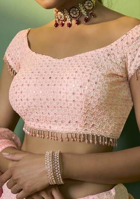 PEACH SEQUINS EMBROIDERED GEORGETTE DESIGNER BRIDAL WEDDING & PARTY WEAR FESTIVAL SEMI STITCHED LEHENGA 5