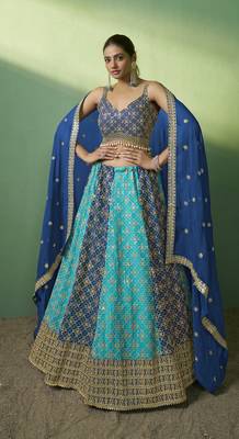 TURQUOISE BLUE SEQUINS EMBROIDERED GEORGETTE DESIGNER BRIDAL WEDDING & PARTY WEAR FESTIVAL SEMI STITCHED LEHENGA 1