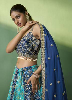 TURQUOISE BLUE SEQUINS EMBROIDERED GEORGETTE DESIGNER BRIDAL WEDDING & PARTY WEAR FESTIVAL SEMI STITCHED LEHENGA 2