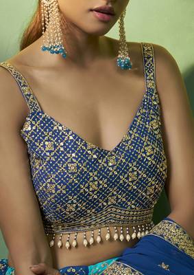 TURQUOISE BLUE SEQUINS EMBROIDERED GEORGETTE DESIGNER BRIDAL WEDDING & PARTY WEAR FESTIVAL SEMI STITCHED LEHENGA 5
