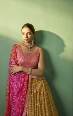 MUSTARD SEQUINS EMBROIDERED GEORGETTE DESIGNER BRIDAL WEDDING & PARTY WEAR FESTIVAL SEMI STITCHED LEHENGA 1