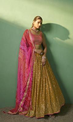 MUSTARD SEQUINS EMBROIDERED GEORGETTE DESIGNER BRIDAL WEDDING & PARTY WEAR FESTIVAL SEMI STITCHED LEHENGA 2