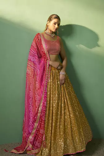 MUSTARD SEQUINS EMBROIDERED GEORGETTE DESIGNER BRIDAL WEDDING & PARTY WEAR FESTIVAL SEMI STITCHED LEHENGA