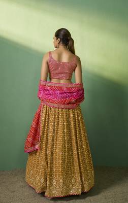 MUSTARD SEQUINS EMBROIDERED GEORGETTE DESIGNER BRIDAL WEDDING & PARTY WEAR FESTIVAL SEMI STITCHED LEHENGA 3