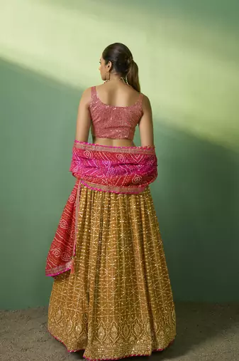 MUSTARD SEQUINS EMBROIDERED GEORGETTE DESIGNER BRIDAL WEDDING & PARTY WEAR FESTIVAL SEMI STITCHED LEHENGA
