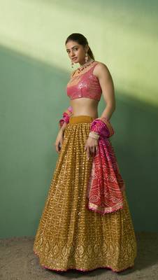 MUSTARD SEQUINS EMBROIDERED GEORGETTE DESIGNER BRIDAL WEDDING & PARTY WEAR FESTIVAL SEMI STITCHED LEHENGA 4