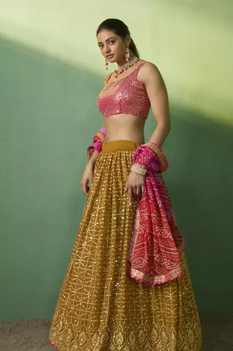 MUSTARD SEQUINS EMBROIDERED GEORGETTE DESIGNER BRIDAL WEDDING & PARTY WEAR FESTIVAL SEMI STITCHED LEHENGA