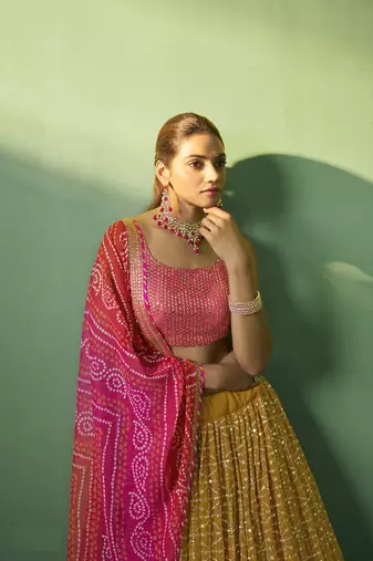 MUSTARD SEQUINS EMBROIDERED GEORGETTE DESIGNER BRIDAL WEDDING & PARTY WEAR FESTIVAL SEMI STITCHED LEHENGA