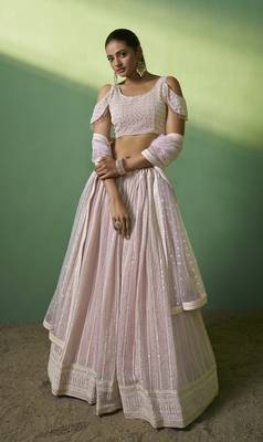 PINK SEQUINS EMBROIDERED GEORGETTE DESIGNER BRIDAL WEDDING & PARTY WEAR FESTIVAL SEMI STITCHED LEHENGA 1
