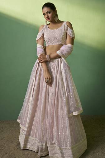 PINK SEQUINS EMBROIDERED GEORGETTE DESIGNER BRIDAL WEDDING & PARTY WEAR FESTIVAL SEMI STITCHED LEHENGA
