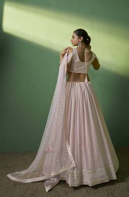 PINK SEQUINS EMBROIDERED GEORGETTE DESIGNER BRIDAL WEDDING & PARTY WEAR FESTIVAL SEMI STITCHED LEHENGA 3