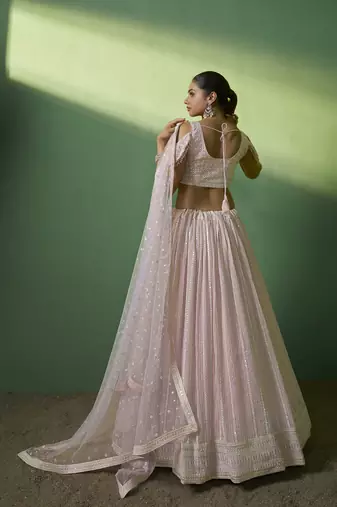 PINK SEQUINS EMBROIDERED GEORGETTE DESIGNER BRIDAL WEDDING & PARTY WEAR FESTIVAL SEMI STITCHED LEHENGA