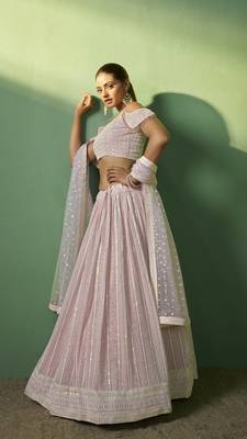 PINK SEQUINS EMBROIDERED GEORGETTE DESIGNER BRIDAL WEDDING & PARTY WEAR FESTIVAL SEMI STITCHED LEHENGA 4