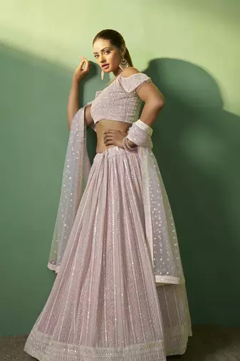 PINK SEQUINS EMBROIDERED GEORGETTE DESIGNER BRIDAL WEDDING & PARTY WEAR FESTIVAL SEMI STITCHED LEHENGA