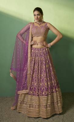 LAVENDER SEQUINS EMBROIDERED GEORGETTE DESIGNER BRIDAL WEDDING & PARTY WEAR FESTIVAL SEMI STITCHED LEHENGA 1