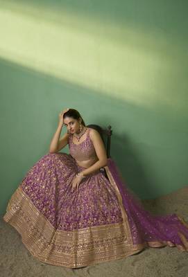 LAVENDER SEQUINS EMBROIDERED GEORGETTE DESIGNER BRIDAL WEDDING & PARTY WEAR FESTIVAL SEMI STITCHED LEHENGA 2