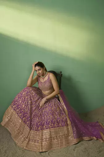 LAVENDER SEQUINS EMBROIDERED GEORGETTE DESIGNER BRIDAL WEDDING & PARTY WEAR FESTIVAL SEMI STITCHED LEHENGA