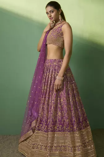 LAVENDER SEQUINS EMBROIDERED GEORGETTE DESIGNER BRIDAL WEDDING & PARTY WEAR FESTIVAL SEMI STITCHED LEHENGA