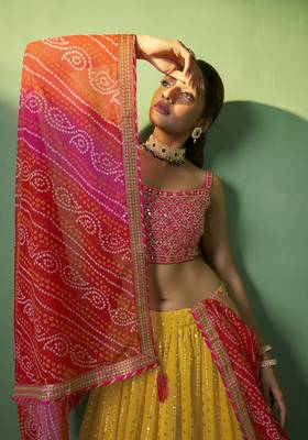 MUSTARD SEQUINS EMBROIDERED GEORGETTE DESIGNER BRIDAL WEDDING & PARTY WEAR FESTIVAL SEMI STITCHED LEHENGA 1