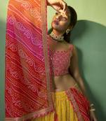 MUSTARD SEQUINS EMBROIDERED GEORGETTE DESIGNER BRIDAL WEDDING & PARTY WEAR FESTIVAL SEMI STITCHED LEHENGA