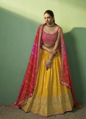 MUSTARD SEQUINS EMBROIDERED GEORGETTE DESIGNER BRIDAL WEDDING & PARTY WEAR FESTIVAL SEMI STITCHED LEHENGA 2