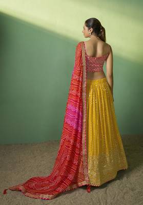 MUSTARD SEQUINS EMBROIDERED GEORGETTE DESIGNER BRIDAL WEDDING & PARTY WEAR FESTIVAL SEMI STITCHED LEHENGA 4