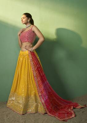 MUSTARD SEQUINS EMBROIDERED GEORGETTE DESIGNER BRIDAL WEDDING & PARTY WEAR FESTIVAL SEMI STITCHED LEHENGA 5