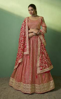 RED SEQUINS EMBROIDERED GEORGETTE DESIGNER BRIDAL WEDDING & PARTY WEAR FESTIVAL SEMI STITCHED LEHENGA 1