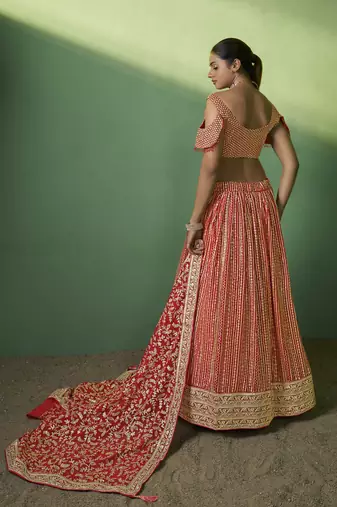 RED SEQUINS EMBROIDERED GEORGETTE DESIGNER BRIDAL WEDDING & PARTY WEAR FESTIVAL SEMI STITCHED LEHENGA