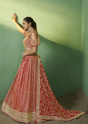 RED SEQUINS EMBROIDERED GEORGETTE DESIGNER BRIDAL WEDDING & PARTY WEAR FESTIVAL SEMI STITCHED LEHENGA 4