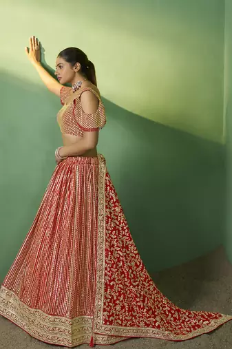 RED SEQUINS EMBROIDERED GEORGETTE DESIGNER BRIDAL WEDDING & PARTY WEAR FESTIVAL SEMI STITCHED LEHENGA