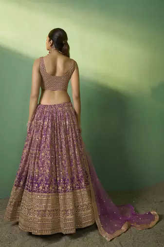 LAVENDER SEQUINS EMBROIDERED GEORGETTE DESIGNER BRIDAL WEDDING & PARTY WEAR FESTIVAL SEMI STITCHED LEHENGA