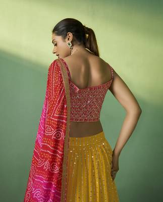 MUSTARD SEQUINS EMBROIDERED GEORGETTE DESIGNER BRIDAL WEDDING & PARTY WEAR FESTIVAL SEMI STITCHED LEHENGA 6