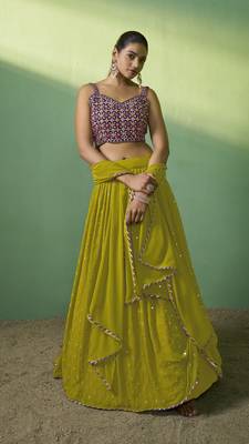 GREEN SEQUINS EMBROIDERED GEORGETTE DESIGNER BRIDAL WEDDING & PARTY WEAR FESTIVAL SEMI STITCHED LEHENGA 5