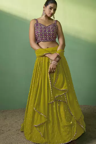 GREEN SEQUINS EMBROIDERED GEORGETTE DESIGNER BRIDAL WEDDING & PARTY WEAR FESTIVAL SEMI STITCHED LEHENGA