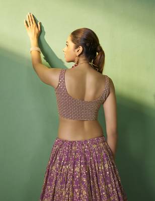 LAVENDER SEQUINS EMBROIDERED GEORGETTE DESIGNER BRIDAL WEDDING & PARTY WEAR FESTIVAL SEMI STITCHED LEHENGA 5