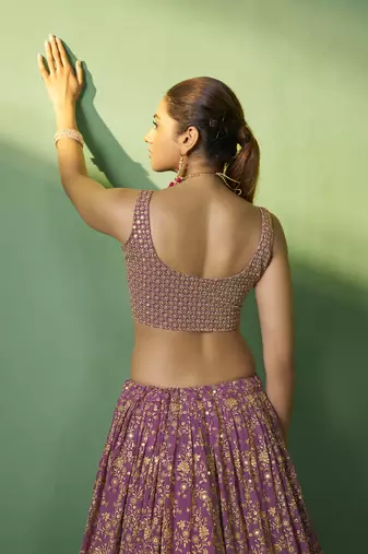 LAVENDER SEQUINS EMBROIDERED GEORGETTE DESIGNER BRIDAL WEDDING & PARTY WEAR FESTIVAL SEMI STITCHED LEHENGA