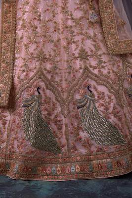 PINK SEQUINS & THREAD EMBROIDERED SOFT NET DESIGNER BRIDAL WEDDING & PARTY WEAR FESTIVAL SEMI STITCHED LEHENGA 6