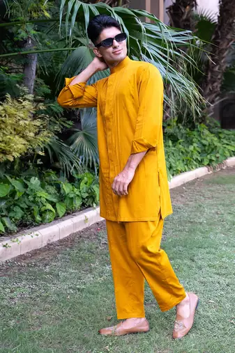 Mustard solid sunheri kurta pants set  kurta sets