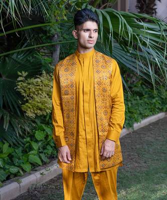 Mustard printed sunheri nehru jackets 1